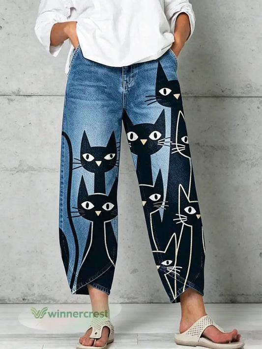 Women’s Animal Art Print Trousers - Blue / S