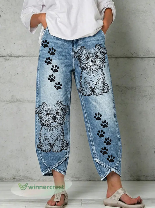 Women’s Animal Art Print Trousers - Blue / S