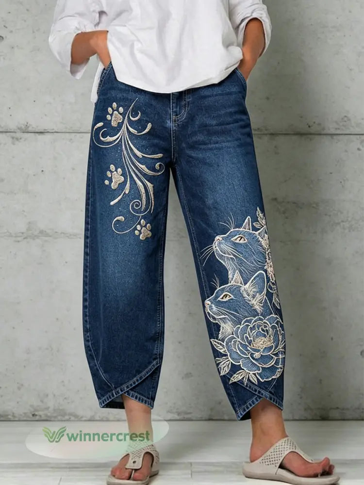 Women’s Animal Art Print Trousers - Blue / S