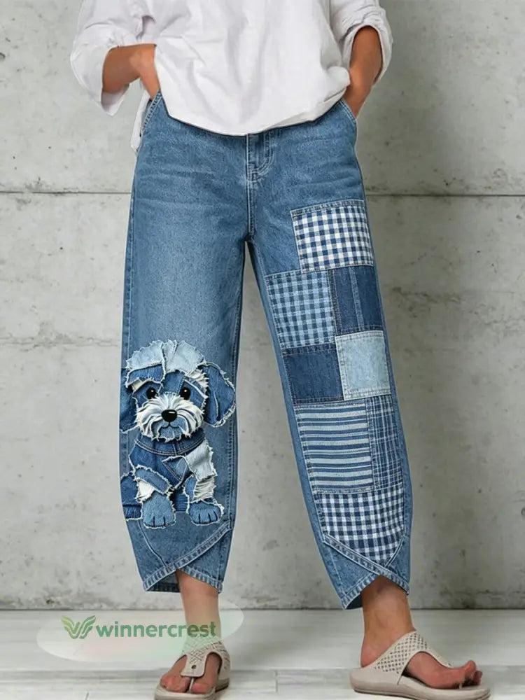Women’s Animal Art Print Trousers - Blue / S