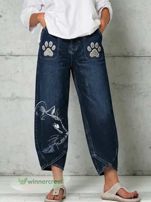 Women’s Animal Art Print Trousers - Blue / S