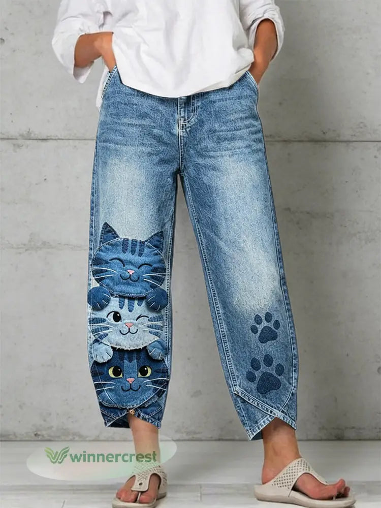 Women’s Animal Art Print Trousers - Blue / S