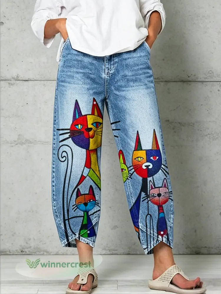 Women’s Animal Art Print Trousers - Blue / S