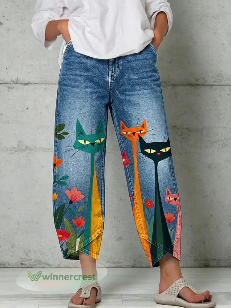 Women’s Animal Art Print Trousers - Blue / S