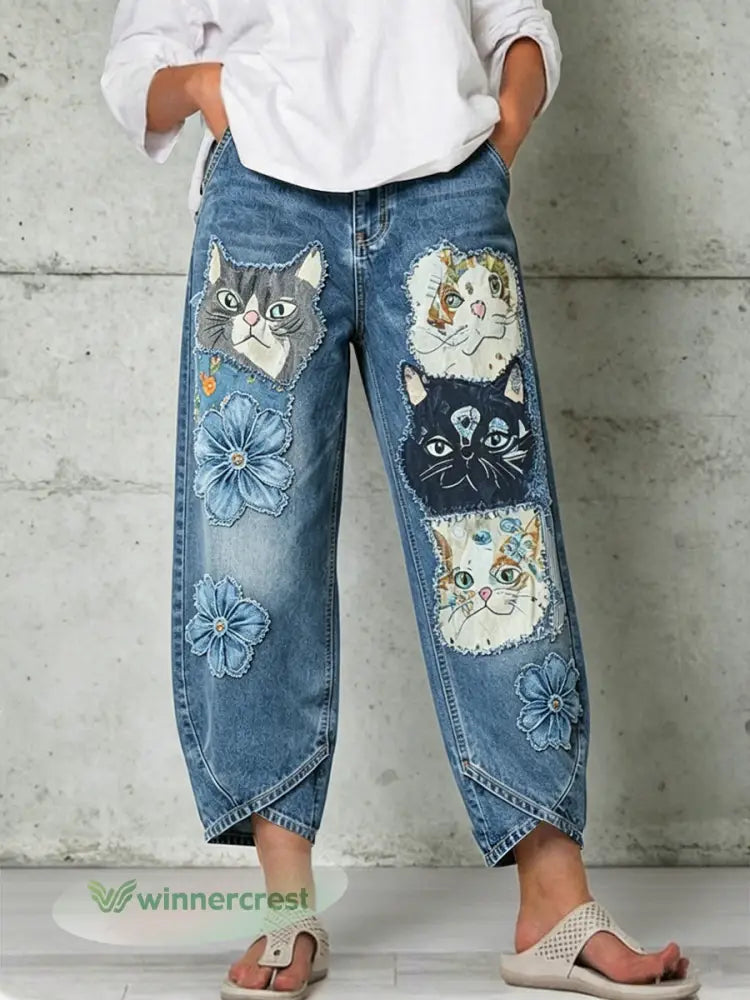 Women’s Animal Art Print Trousers - Blue / S