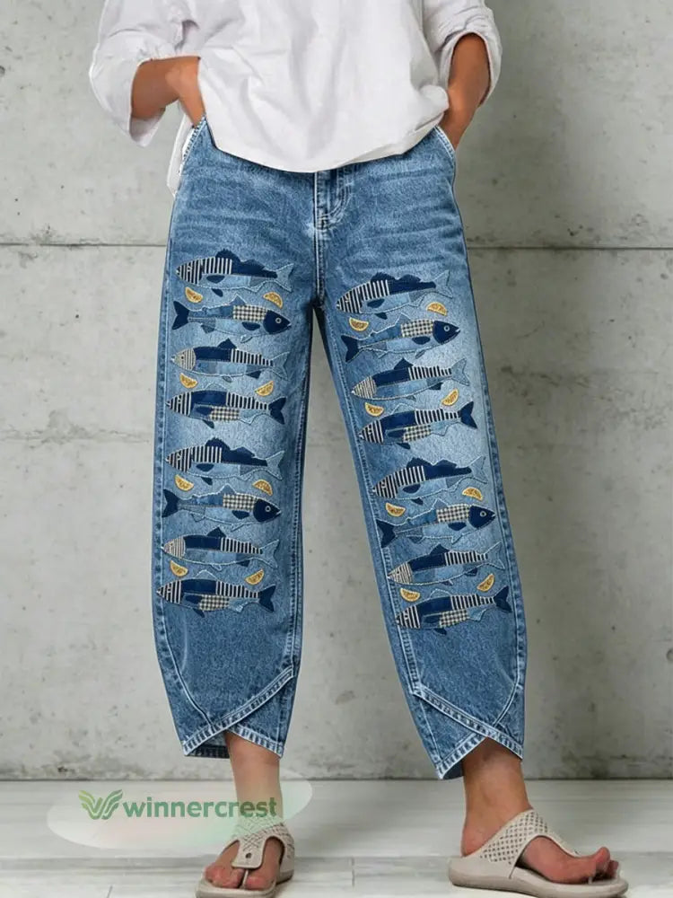 Women’s Animal Art Print Trousers - Blue / S