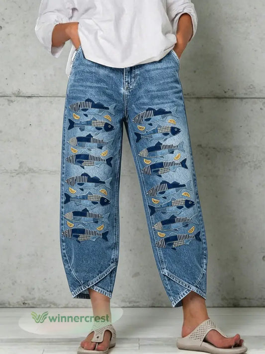 Women’s Animal Art Print Trousers - Blue / S