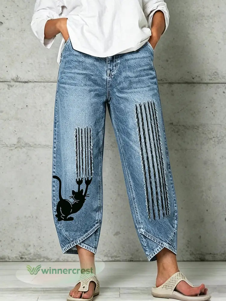 Women’s Animal Art Print Trousers - Blue / S