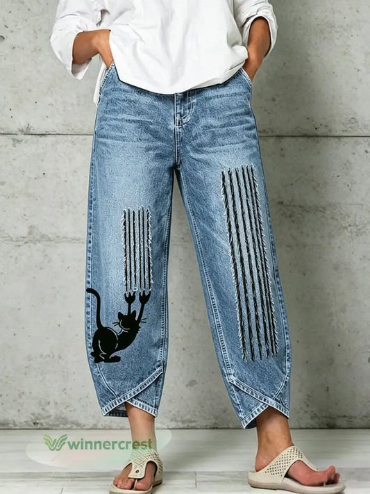 Women’s Animal Art Print Trousers - Blue / S