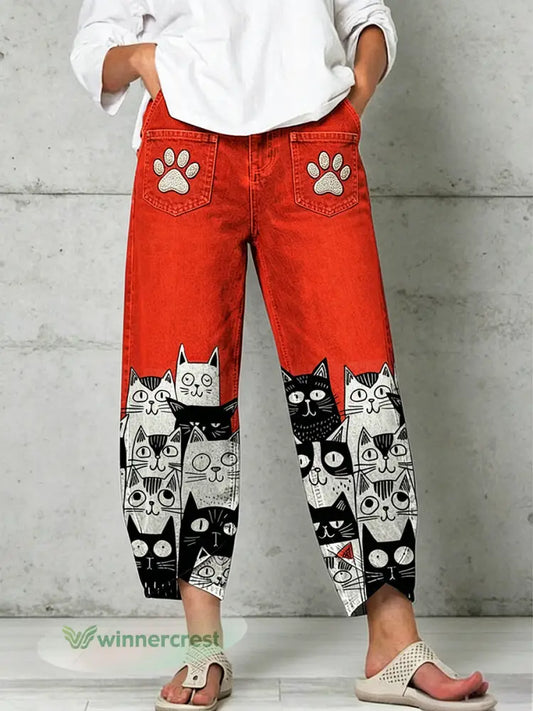 Women’s Animal Art Print Trousers - Red / S