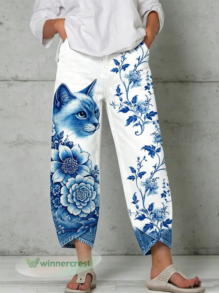 Women’s Animal Art Print Trousers - White / S