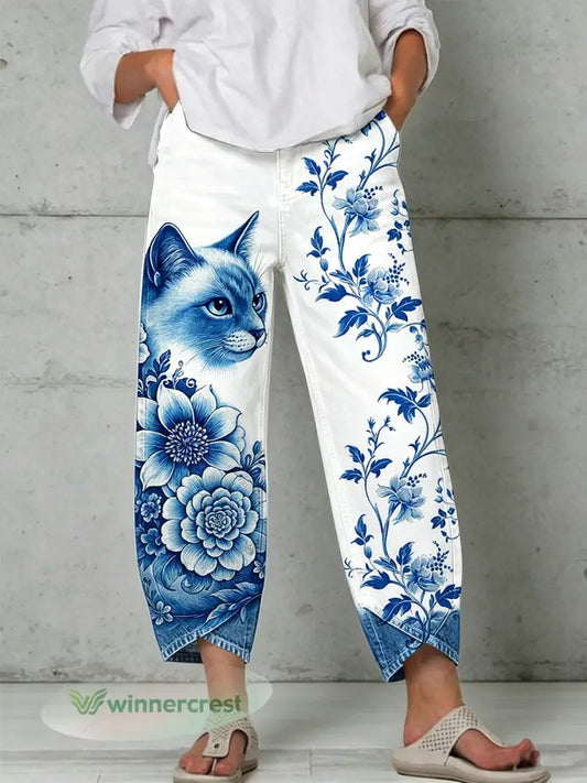 Women’s Animal Art Print Trousers - White / S