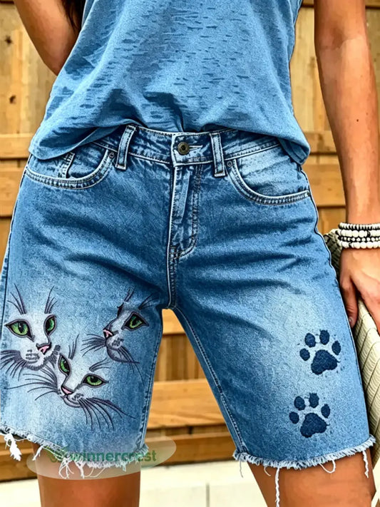 Women’s Animal Art Printed Short Jeans - Blue / S