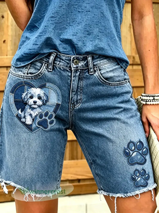 Women’s Animal Art Printed Short Jeans - Blue / S