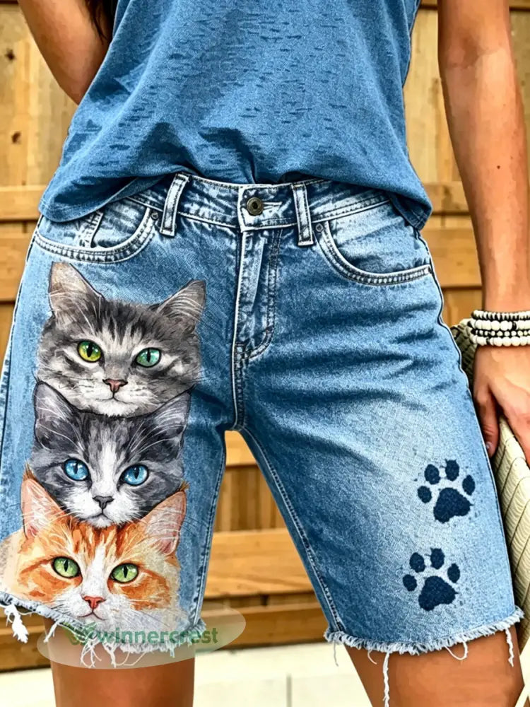 Women’s Animal Art Printed Short Jeans - Blue / S