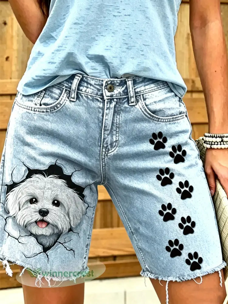 Women’s Animal Art Printed Short Jeans - Blue / S