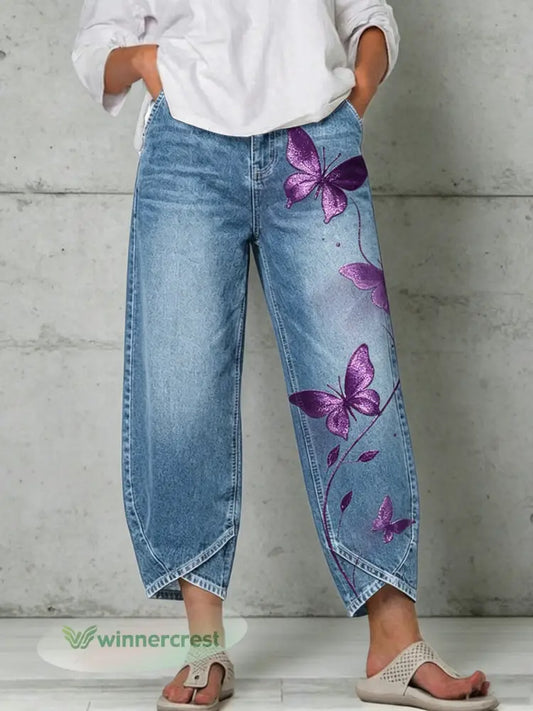 Women’s Animal Butterfly Art Print Trousers - Blue / S