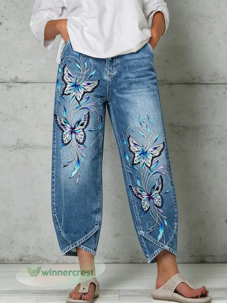 Women’s Animal Butterfly Art Print Trousers - Blue / S