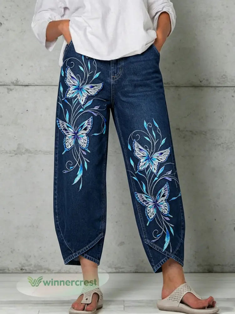 Women’s Animal Butterfly Art Print Trousers - Deep Blue / S