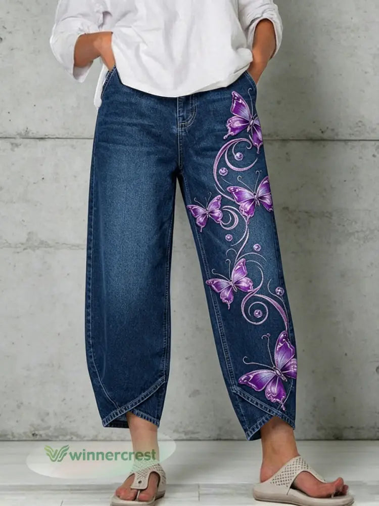 Women’s Animal Butterfly Art Print Trousers - Deep Blue / S