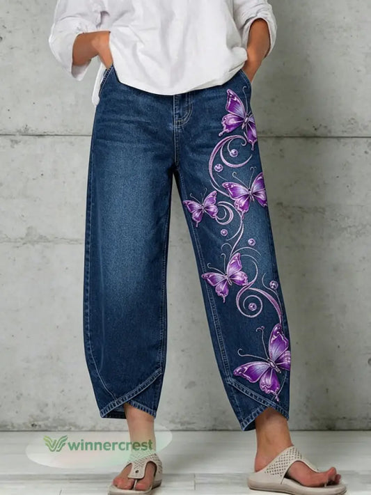 Women’s Animal Butterfly Art Print Trousers - Deep Blue / S