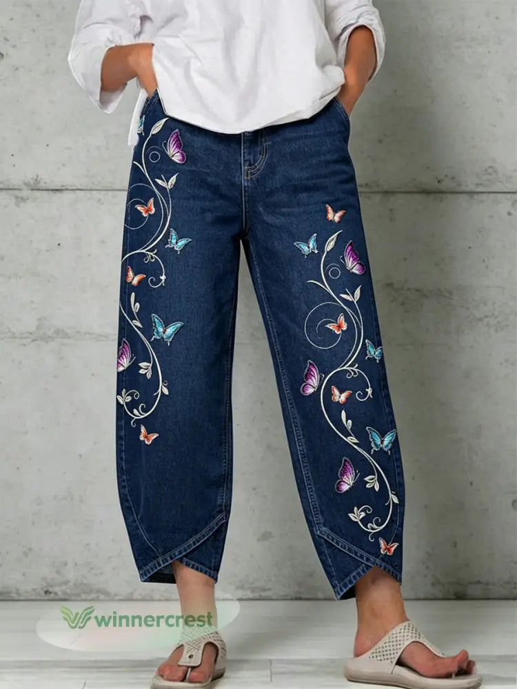 Women’s Animal Butterfly Art Print Trousers - Deep Blue / S