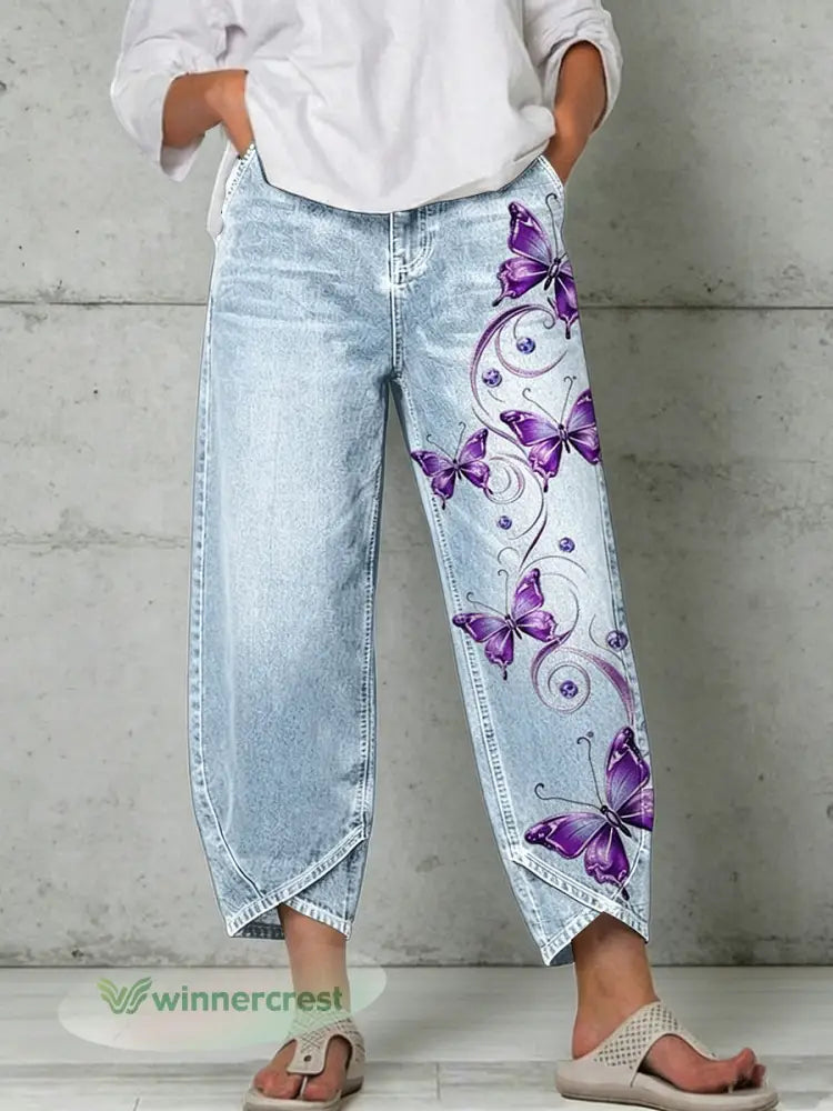 Women’s Animal Butterfly Art Print Trousers - Light Blue / S