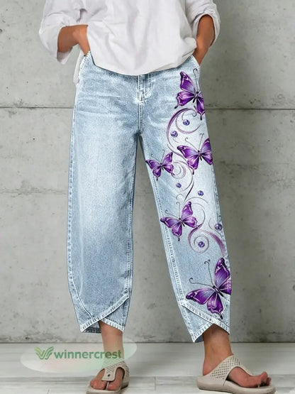 Women’s Animal Butterfly Art Print Trousers - Light Blue / S
