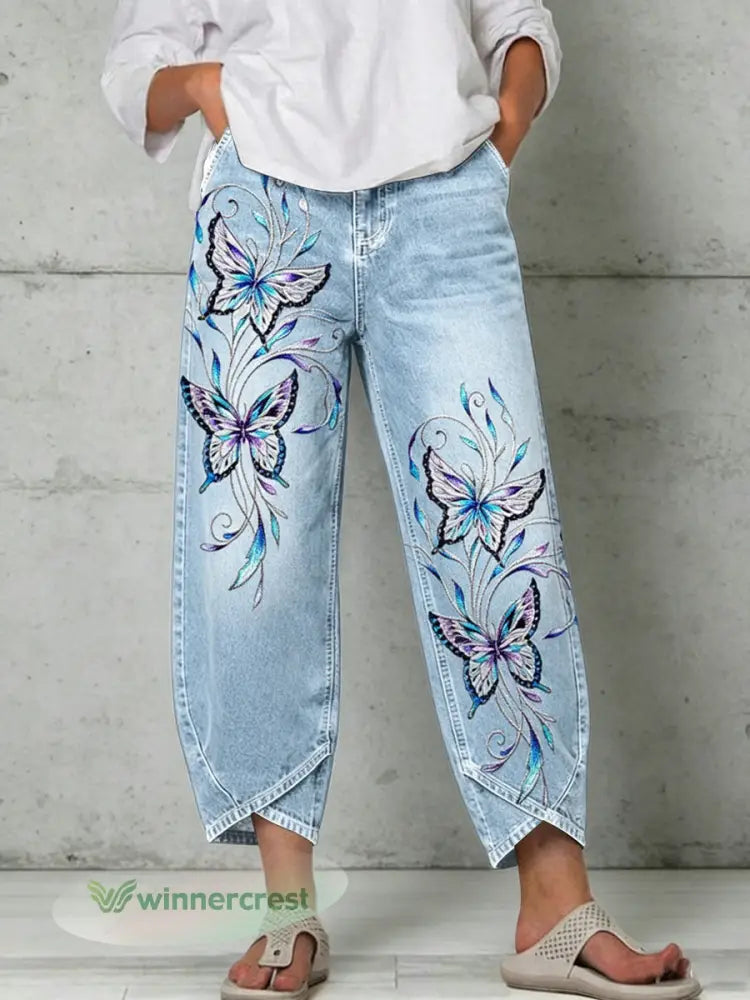 Women’s Animal Butterfly Art Print Trousers - Light Blue / S