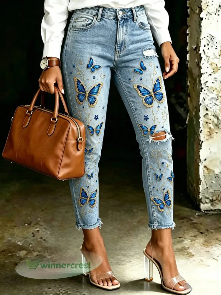 Women’s Animal Butterfly Print Jeans - Blue / S