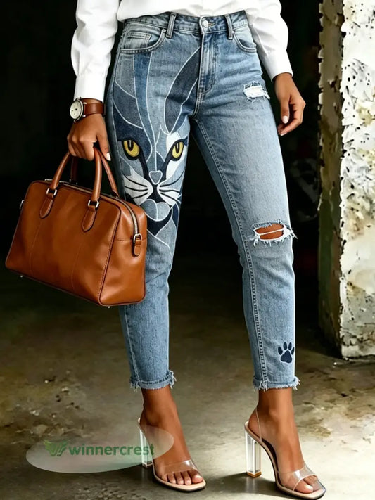 Women’s Animal Cat Print Jeans - Blue / S