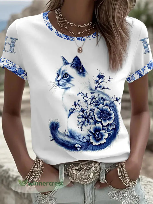 Women’s Animal Cat Retro Unisex Casual Short-Sleeve T-Shirt - White / S