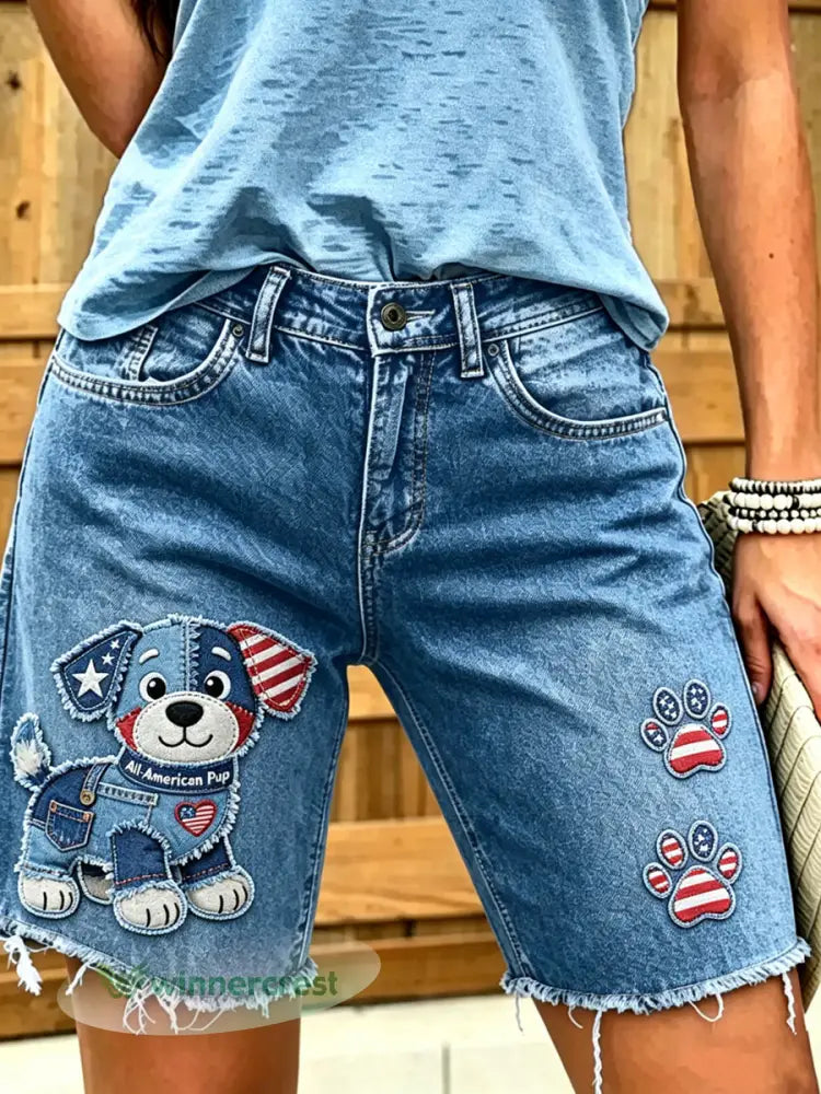 Women’s Animal Dog Art Printed Short Jeans - Blue / S