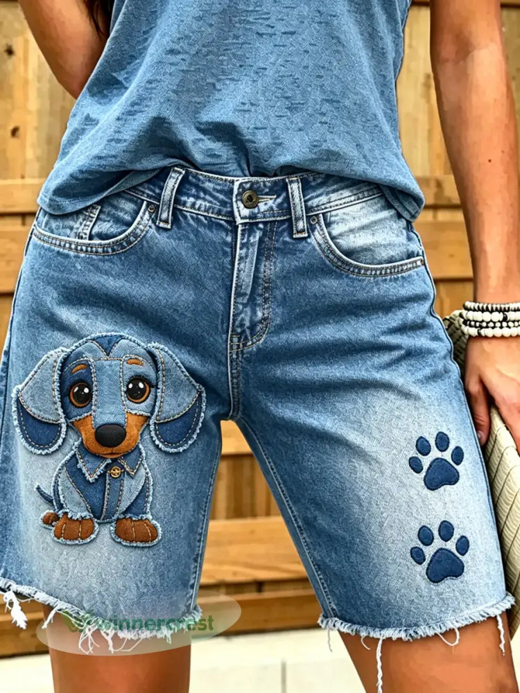 Women’s Animal Dog Art Printed Short Jeans - Blue / S