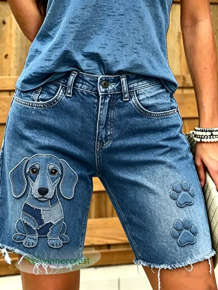 Women’s Animal Dog Art Printed Short Jeans - Blue / S