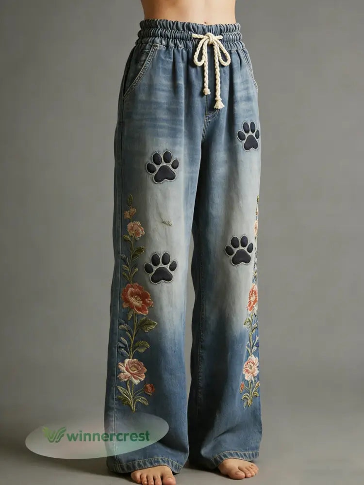 Women’s Art Dog Paw Print Trousers - Blue / S