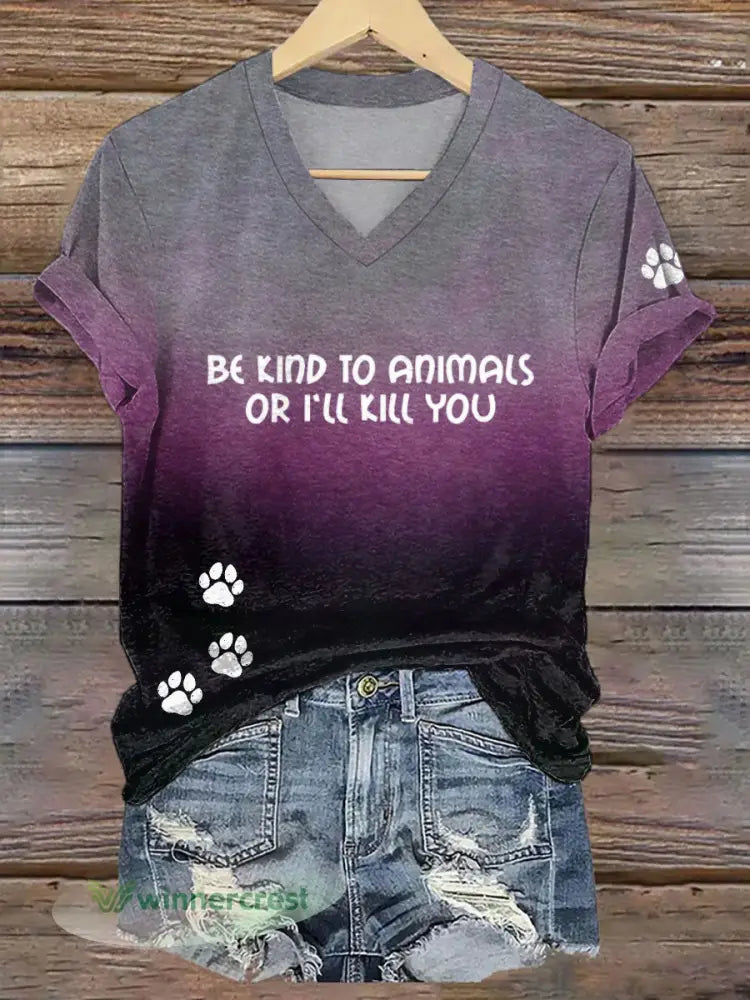 Women’s be kind to animals or I’ll kill you V-neck T-shirt - Purple / S