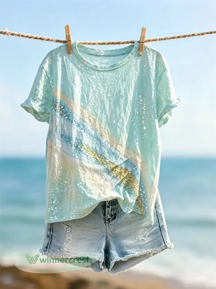 Women’s Beach Seaside Glitter Art Print short-sleeved T-shirt - Mint Green / S