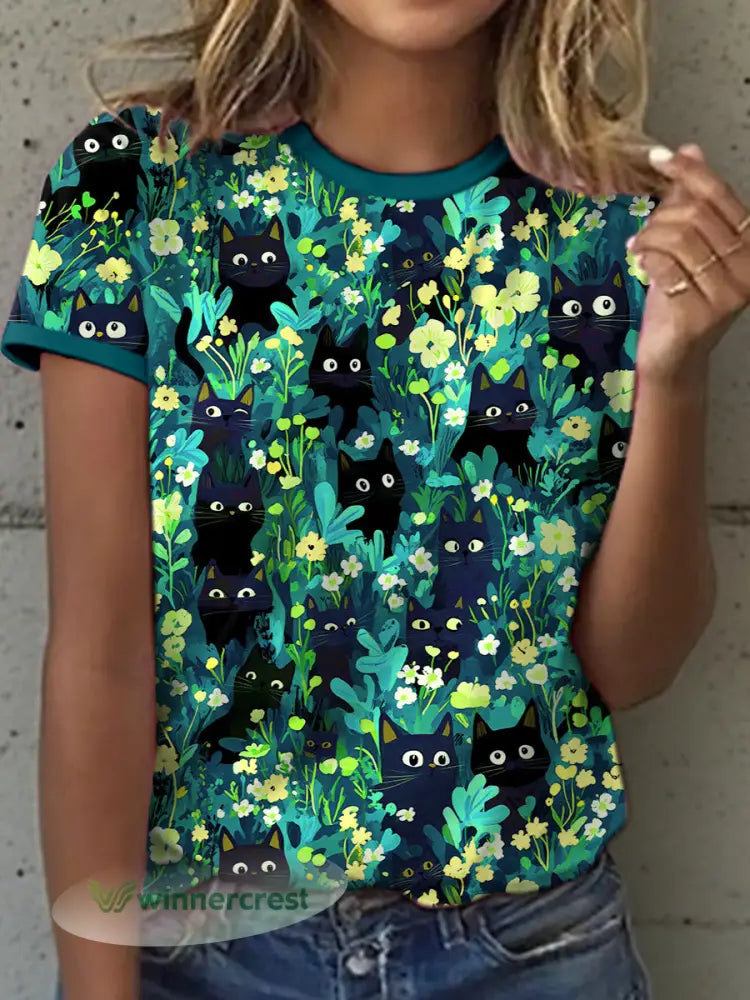 Women’s Black Cat Art Print T-Shirt - Green / S