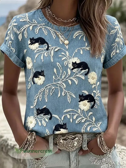 Women’s Black Cat With Floral Art Pattern Linen Short-sleeve Top