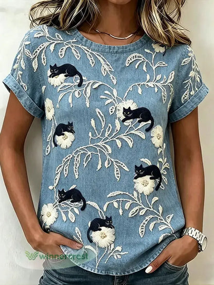 Women’s Black Cat With Floral Art Pattern Linen Short-sleeve Top - As picture / S