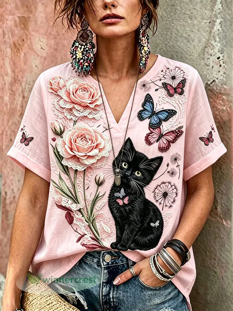 Women’s Black Cat With Floral Casual Linen Short Sleeve Shirt - Light Pink / S