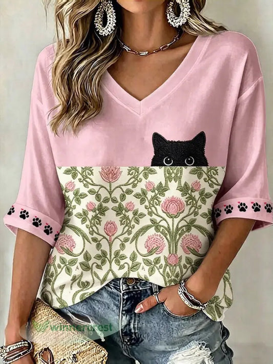 Women’s Black Cat With Floral Graphic Casual Mid-length Sleeves V-Neck T-Shirt - Pink / S