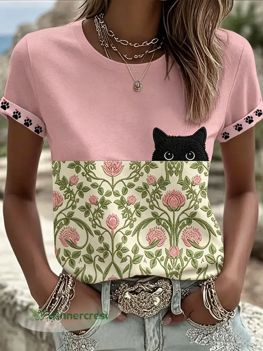 Women’s Black Cat With Floral Graphic Casual Short Sleeve T-shirt - As picture / S