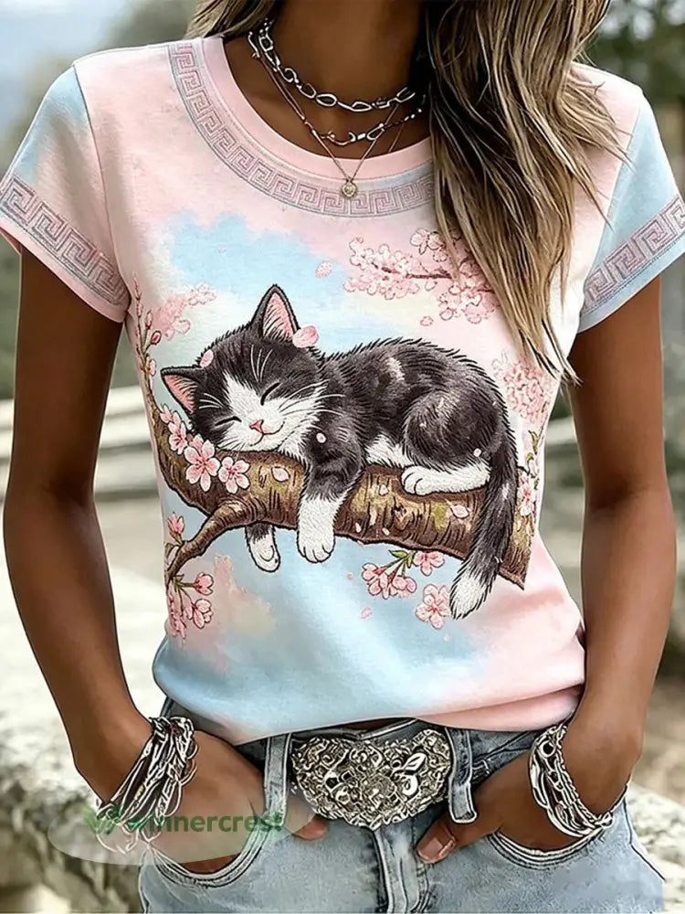 Women’s Casual T-Shirt with Cat and Animal Embroidery & Print - As picture / S