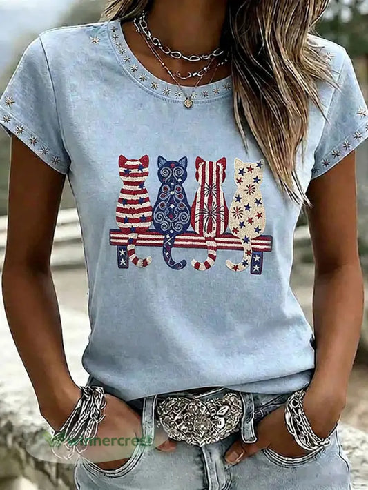 Women’s Casual T-Shirt with Cat and Animal Embroidery & Print - As picture / S