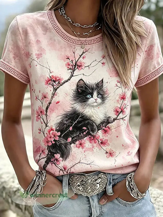 Women’s Casual T-Shirt with Cat and Animal Embroidery & Print - As picture / S