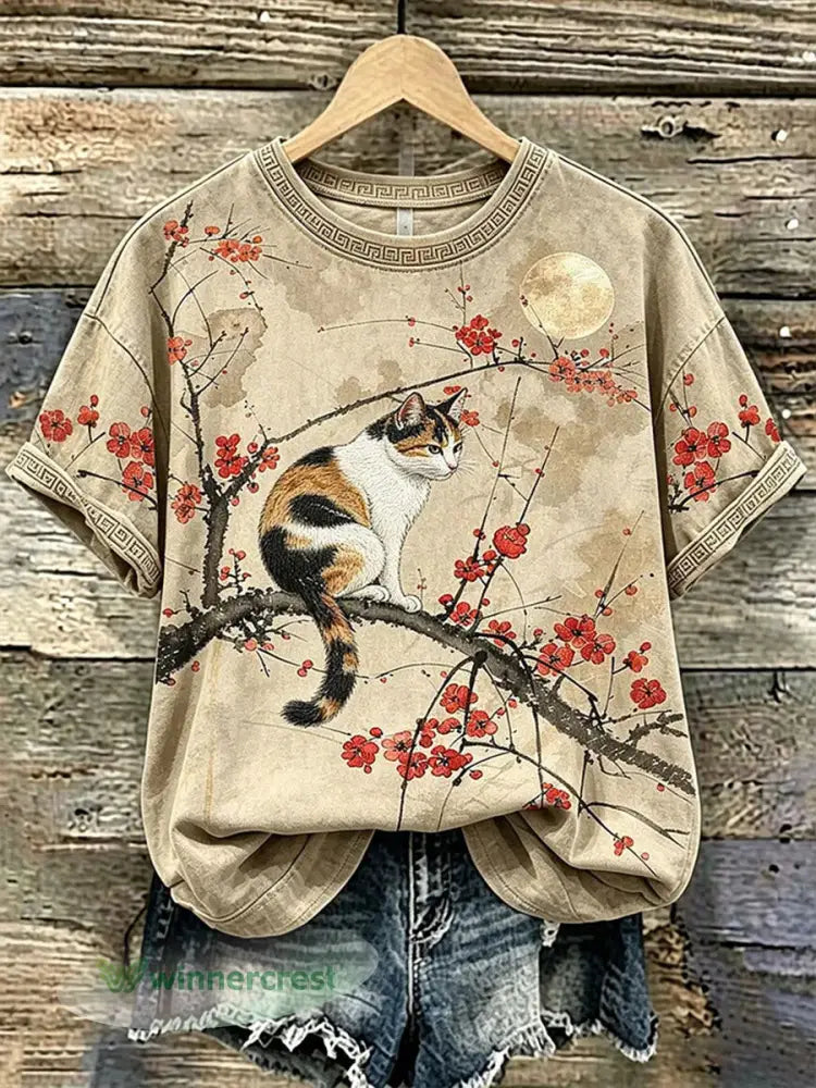 Women’s Casual T-Shirt with Cat and Animal Embroidery & Print - As picture / S