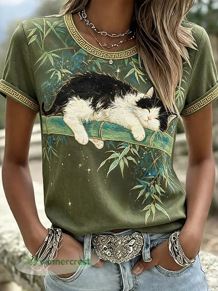 Women’s Casual T-Shirt with Cat and Animal Embroidery & Print - As picture / S