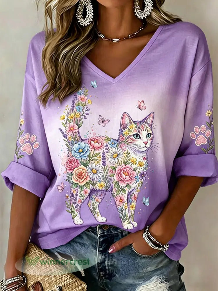 Women’s Casual V-Neck Top With Animal Art Print - A / S